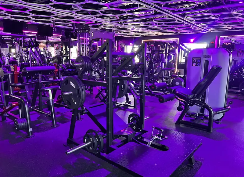 Training floor at MF Training SB lit in purple and red