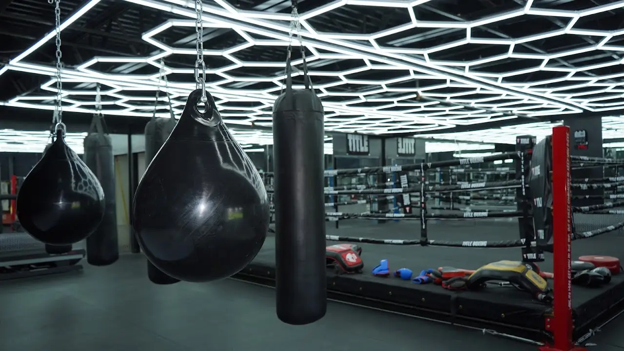Heavy bags and speed bags lined up beside the ring in the MF Training SB boxing room