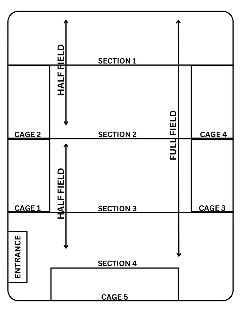 Diagram of the MF Training SB turf field split into four rentable sections