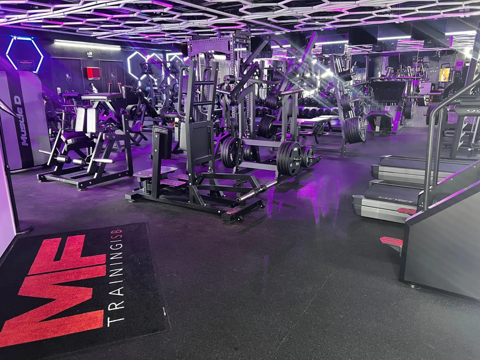 MF Training SB weight room with plate-loaded machines, racks and treadmills under purple hex lighting